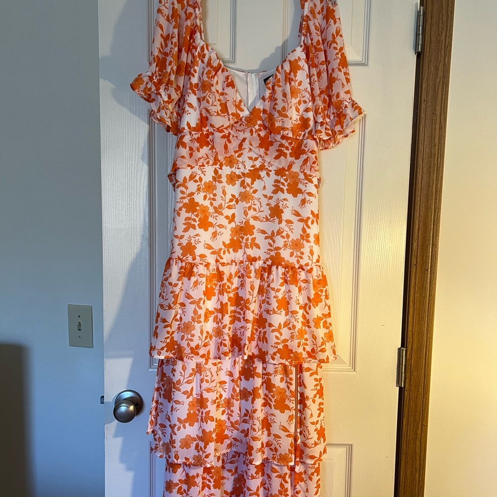 Floral Ruffle Tiered Dress in Orange and White